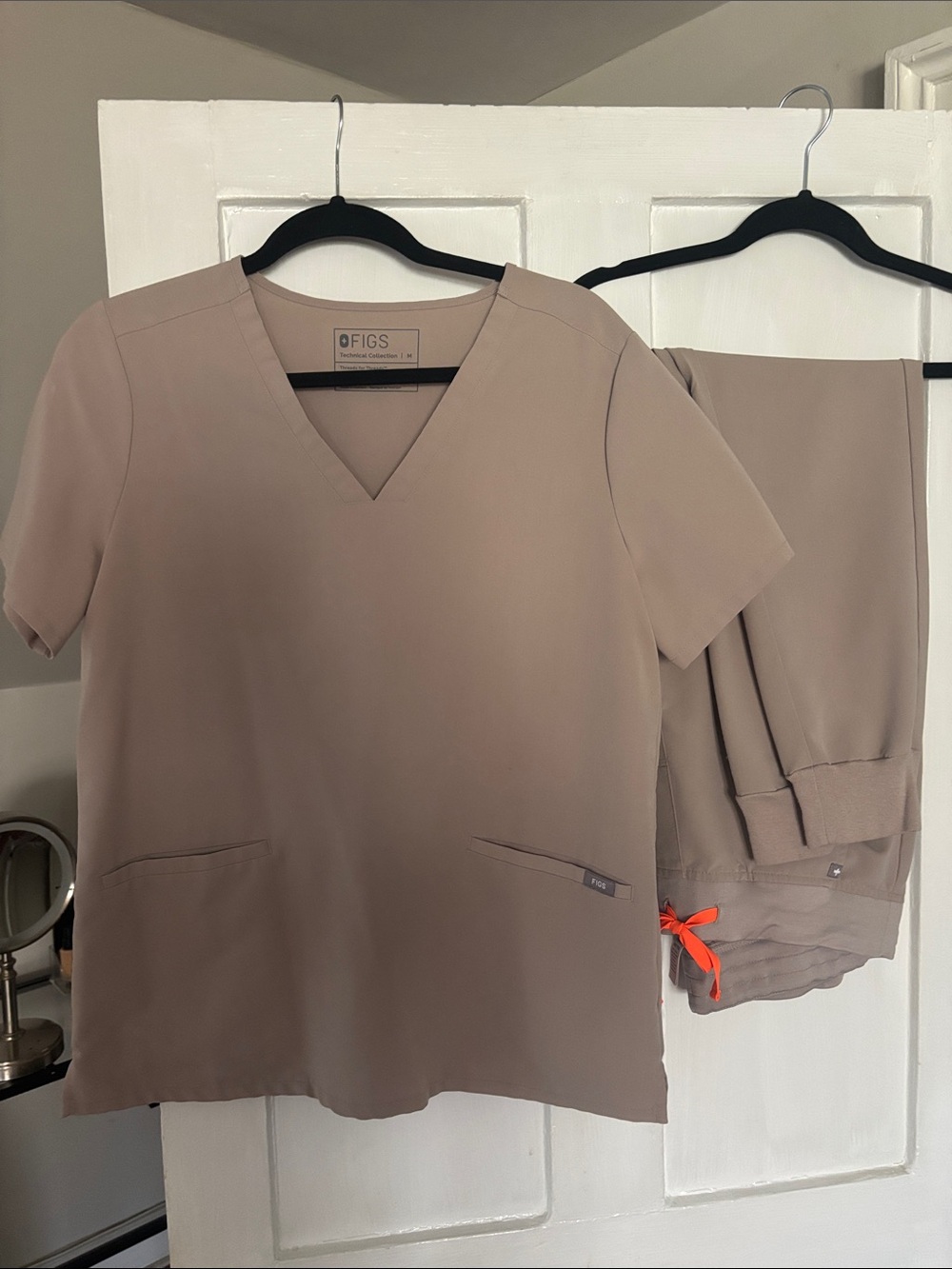 Figs Women's Short Sleeve V-Neck Scrub Top and jogger pants in unique khaki